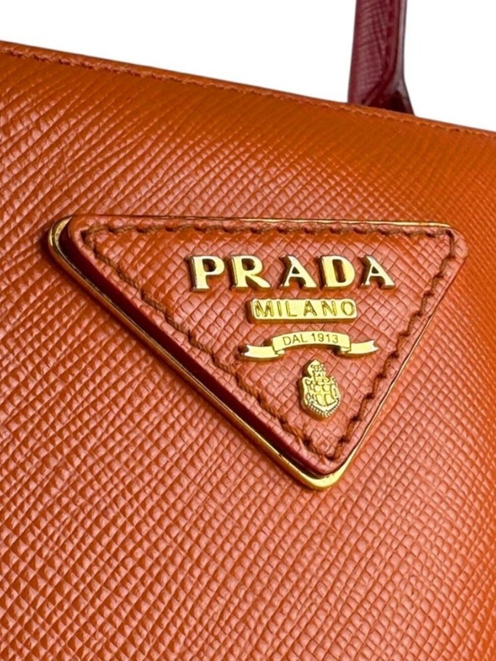 Auth PRADA Logo Handbag Shoulder Bag Red/Orange Leather/Goldtone - Picture 5 of 13